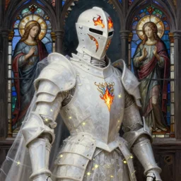 breathtaking detailed soft painting of white knight in armor, gauze dress of fireflies and art nouveau sallet of embers, rembrandt style, detailed art nouveau stained glass, christian saint rosace, elegant, highly detailed, artstation, concept art, matte, sharp focus, art by Anato Finnstark, Artgerm and Greg Rutkowski