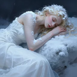 character concept portrait, sleeping blonde woman in a white gown, closed eyes, covered in snow, frost, and ice, style digital painting, cold colors, concept art, smooth, sharp focus, illustration by ruan jia and mandy jurgens and william - adolphe bouguereau, artgerm