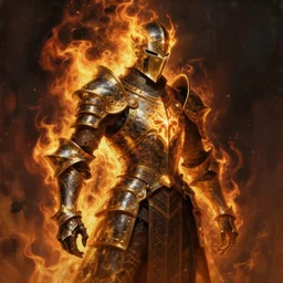 beautiful painting of the knight of the eternal flame covered in flames wearing detailed gold and black armor like obsidian, dark souls concept art, dramatic lighting, trending on artstation hq, 4 k, uhd