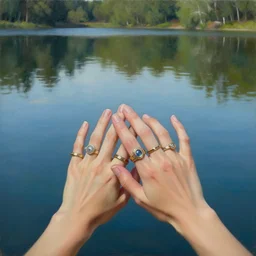first person perspective of a woman looking at her hands full of rings, the woman is reflected in the water of a lake. by daniel f. gerhartz, hyperrealistic oil painting, 4 k, studio lightning, very detailed, rtx on