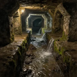 flowing water inside the ancient flooded stone sewers. fantasy art, underground, adventure, wet, standing water, channel, canal, muck, mud, stagnant water, stream, channel, musty, moss, sewage, darkness, underground, catacombs, abandoned spaces, torchlight. impressionist.
