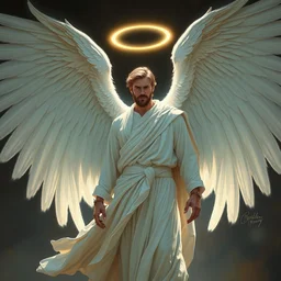 chris hemsworth as an angel, large wings, long robes, photorealistic painting by mandy jurgens, trending on artstation, photorealism, detailed painting, behance hd, hyper realism