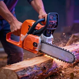 photorealistic chainsaw cutting wood. hyperdetailed photorealism, 1 0 8 megapixels, amazing depth, high resolution, 3 d shading, 3 d finalrender, 3 d cinematic lighting, glowing rich colors, psychedelic overtones, artstation concept art.