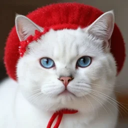 white cat with fluffy red hat, photorealistic portrait, blue eyes, ultra quality, high detailed, zoom, leica 8 5 mm 1. 2 f
