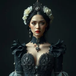 portrait of beautiful female model, perfect symmetrical pose, by irakli nadar with intricate detailed wearing victorian dress designed by alexander mcqueen and rocky gathercole, haunting, elite, elegant, ruan jia, dark, hyper detailed, concept art, by gustav klimt