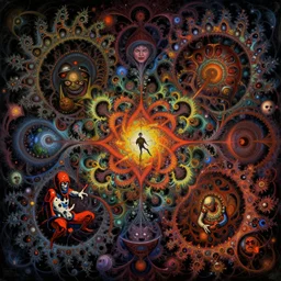 hypercomplex image of a pscychedelic fractal hell, a scientist's nightmare fed into the mega god of chaos, dramatic, action horror by lisa frank, alex grey, karol bak, greg hildebrandt, and mark brooks, rich deep colors. beksinski painting, part by adrian ghenie and gerhard richter. art by takato yamamoto