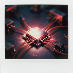 analog vintage photography portrait polaroid of chrome microchips wires transistors, red color bleed, heavy film grain, bloom, glow