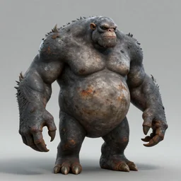 An anthropomorphic humpbacked creature with gray skin in full growth, large claws on the hands, hands, feet and head covered with rust and soot, a heavy body, a small head without eyes and nose,  artstation, drifter vintage story, high detailed, octane render