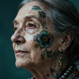 hyperrealistic hyper detailed close-up side portrait of old woman covered in rococo flower tattoos matte painting concept art hannah yata very dramatic dark teal lighting low angle hd 8k sharp 35mm shallow depth of field