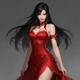 a highly detailed illustration of beautiful hime cut black haired tall woman wearing red dress, dramatic smiling pose, intricate, elegant, highly detailed, centered, digital painting, artstation, concept art, smooth, sharp focus, league of legends concept art, wlop