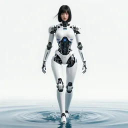 beautiful centered Fine art photo portrait of HoYeon Jung as a solarpunk robotic humanoid treading on water, white mechanical parts with led lights, photorealistic, white background, highly detailed and intricate, sun lighting, HDR 8k
