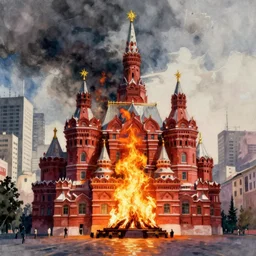 a painting of fire on Red Square in Moscow, a watercolor and matte painting by Beeple and RHADS and maxfield parrish, cgsociety, brutalism, dystopian art, sci-fi, artstation hq