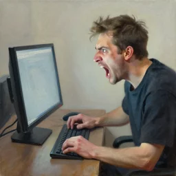 an angry man yells at his computer monitor, oil on canvas, 1 9 0 1