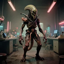 a scary filmic wide shot color ground level angle movie still 35mm film photograph of the full body of a dangerous shape shifting alien creature, with multiple mutated snarling drooling human faces with a grotesque variety of human and animal limbs protruding from its lower torso inside of a 1970s science lab, neon lights, dirty, ektachrome photograph, volumetric lighting, f8 aperture, cinematic Eastman 5384 film