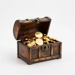 steampunk treasure chest overflowing with gold, 8k product photo, isolated on a pure white background, centered, entire object in frame, sharp focus, soft studio lighting