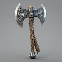 Viking Battleaxe, Two Blades, Handle looks like a tree, blades bare the image of a wolf upon them,  3D render, fantasy weapon