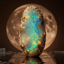 giant opal monolith made of opal on the moon, moody, warm tones, water reflection : : by jeff koons, dan mcpharlin daniel merrian : : ornate, dynamic, particulate, rich colors, intricate, elegant, highly detailed, centered, artstation, smooth, sharp focus, octane render, 3 d