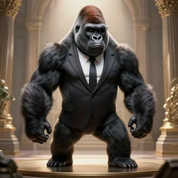 fullbody!! personification of a gorilla as a business man, stunning, beautiful face, hyperrealistic, trending on artstation, smooth and sharp, intricate, fine details, highly detailed, elegant, dynamic pose, radiant light, detailed and intricate environment, professional character concept art by tatyana kupriyanova and greg rutkowski and raymond swanland