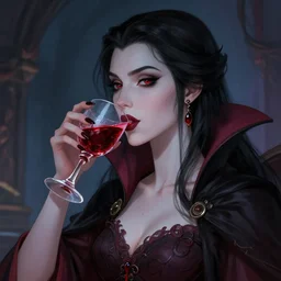 portrait of beautiful vampire lady drinking from a goblet of blood, fantasy illustration trending on artstation