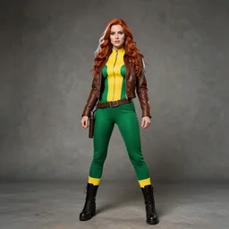 wide angle full body photoshoot of madeleine petsch as x - men's rogue, she is in rogue's classic green and yellow outfit, wearing a brown leather jacket, she has a whisp of white in her beautiful long red hair 5 0 mm