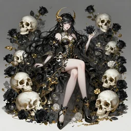 beautiful and cool female dark magician, wide angle view, roses, skulls, black, white, gold colors, shiny, highly detailed, artgerm, cushart krenz, artstation, soft light, sharp focus, illustration, character design, concept art