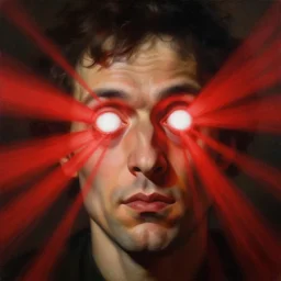 painting portrait of a crazy man shooting massive vibrant red light beams out of his eyes, matte painting, close up, masterpiece, high details, white eyes, by Caravaggio
