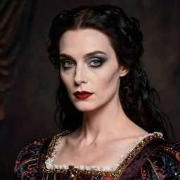 close - up portrait of beautiful model in renaissance dress, art by tim burton