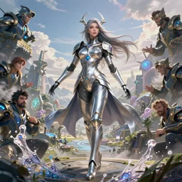portrait of sorceress wearing a sci - fi silver exoskeleton, full body shot, rule of thirds, action pose, amazing beautiful landscape in background, fantasy, sci - fi, league of legends hearthstone splash art, art by chengwei pan and huang guangjian and viktoria gavrilenko and artgerm and greg rutkowski, 8 k, octane, intricately detailed, highly detailed, trending on artstation