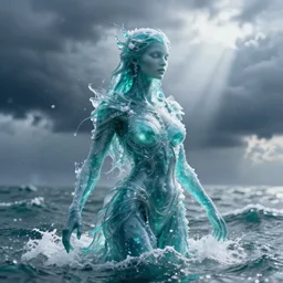 creature made of water, made of liquid, rising up from ocean, water armor, high detail, high contrast, medium close up portrait, studio lighting, stormy seas, beautiful, bokeh, snowy, storm clouds, god rays, d & d, fantasy, elegant, aquamarine color palette, concept art, roger deakins and greg rutkowski and alphonse mucha