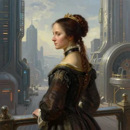 portrait of a victorian lady in a futuristic city, from behind, streets, beautiful, sci-fi, open sky, tall buildings, highly detailed, digital painting by Leonardo Da Vinci