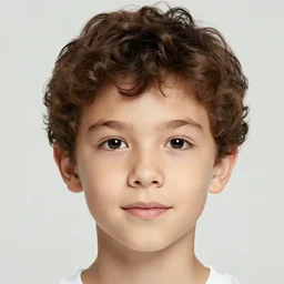 Portrait of a young boy looking at the camera. The boy has brown and curled hair, his eyes are just two black dots. The boy is wearing a white pajamas with long sleeves. Dark bright effect. The background is dark and a beam of light illuminates the boy. A painting by Dean Cornwell.