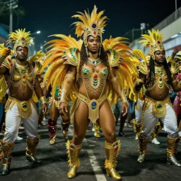 Character design of Brazil Carnival costumes, normal people with costumes, cinematic lighting, dramatic atmosphere, by Dustin Nguyen, Akihiko Yoshida, Greg Tocchini, Greg Rutkowski, Cliff Chiang, 4k resolution, trending on artstation