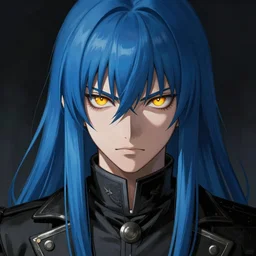 full face shot of rimuru tempest, sky blue straight hair, long bangs, with bright amber eyes, wearing a fancy black jacket, high collar, ultra detailed, brush strokes, digital painting, cinematic, wlop artstation, closeup, pixiv, intense, intimidating glare, overpowering, yoshitaka amano, junji ito,