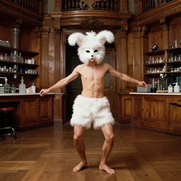 realistic photo portrait of the person, white carnival fluffy mask no eyes no mouth, wearing hairy fluffy cotton shorts, dancing in the spacious wooden polished and fancy expensive wooden laboratory hall interior 1 9 9 0, life magazine reportage photo