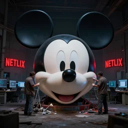workers repairing big mickey mouse head in abandoned computer facility, in background red glowing netflix logo. made by beeple, cgsociety, unreal engine, octane render, greg rutkowski, alphonse mucha, cinematic lighting, dark room, low light, sharp focus, 4 k highly detailed art