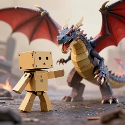 a cute cardboard robot fighting an apocalyptic dragon, 8 k