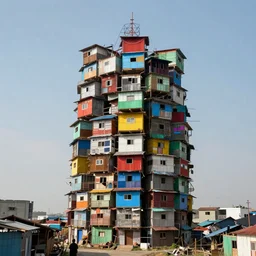 a tower made up of colourful makeshift squatter shacks, dystopia, sony a 7 r 3, f 1 1, fully frontal view, photographed by richard avedon, ultra detailed,