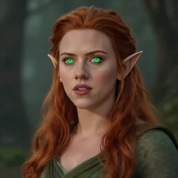 scarlet Johansson as a elf Druid girl with red hair and glowing green eyes , trending on ArtStation , concept art by greg rutkowski
