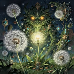 anime art style, abstract expression, natural energy, dimensional consciousness, fantastical, ultra realistic, dandelion in a symbiosis with a plant monster at night, glowing amber eyes, intricate details, artefacts, luminous skies, highly detailed