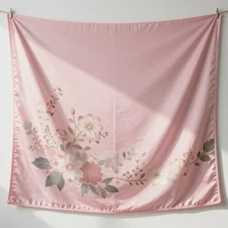 A light pink tapestry with a Japanese floral pattern.