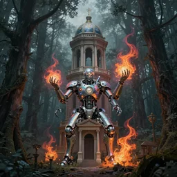 neoclassical tower with dome on a magical gloomy mystical forest, conjuring a magical spell. by ( rembrandt painting ( 1 0 0 ) ( fractal flame ) ), psychedelic, mech, pearlized, highly detailded