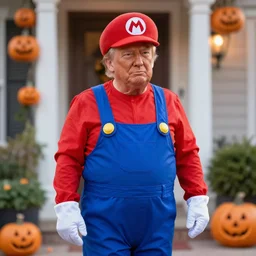 donald trump dressed up in a super mario costume, without a mask, on halloween going trick or treating, photograph, 4 k
