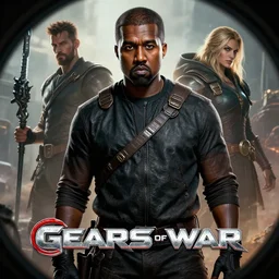 Kanye West in Gears of War cover art, ultra wide lens shot , beautiful, DnD character art portrait, realistic, hyperdetailed, DeviantArt Artstation, cinematic lighting
