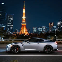 sideview of a skyline gtr driving in tokyo at night, 4k photo, shot with sony alpha