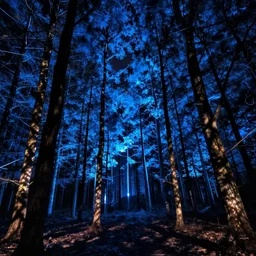 A forest of glowing blue trees at night