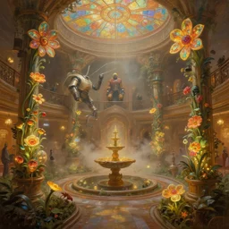 3 d render bioluminescent oil painting by donato giancola, warm coloured, cinematic scifi luxurious futuristic foggy steam filled victorian garden circular shopping mall courtyard with microscopy stained glass flowers growing out of pretty bulbous ceramic fountains, gigantic pillars and flowers, maschinen krieger, beeple, star trek, star wars, ilm, star citizen, mass effect, artstation, atmospheric perspective