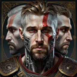 symmetry!! portrait of ryan gosling in drive in the style of god of war, machine parts embedded into face, intricate, elegant, highly detailed, digital painting, artstation, concept art, smooth, sharp focus, illustration, art by artgerm and greg rutkowski and alphonse mucha, 8 k