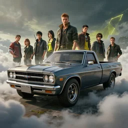 classic muscle concept pickup truck from cyberpunk 2 0 7 7. art by jesper ejsing, feng zhu, makoto shinkai, lois van baarle, ilya kuvshinov, rossdraws. clouds by rhads. global light 3 d rtx hdr