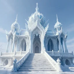 frozen heaven, abstract undertones, intricate details, beautiful architecture, high castle, beautiful temple, marble stairs, delicate structure, color grade, trending on artstation