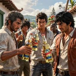 new yakuza game set in el quindio, characters with aguardiente antioqueno booze in hands, screenshot, gameplay, 1 0 8 0 p, 6 0 fps, reveal, official media, trailer